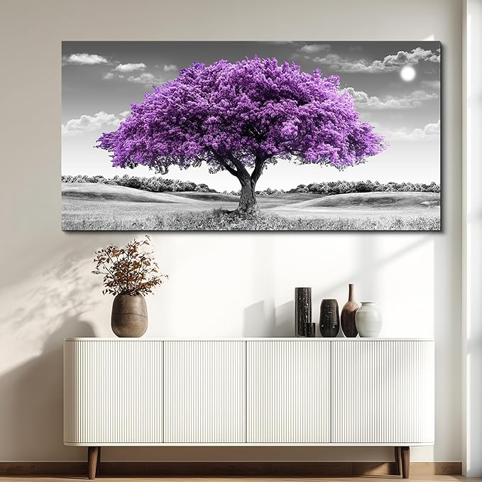 Canvas Wall Art for Living Room Large Wall Decor for Bedroom Modern Office Wall Decorations Purple Tree Landscape Painting Black and White Pictures Artwork Room Aesthetic Home Decor
