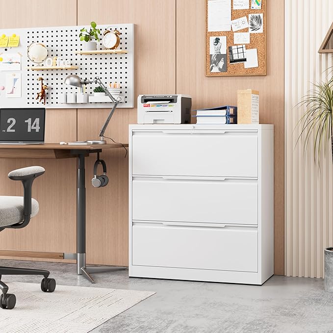 3-Drawer Metal File Cabinet with Lock,Steel Printer Stand with Storage for Home Office,Lateral Filing Cabinet for Legal/Letter/A4 Files,Assembly Required(35.43''W-3 Drawers,White)