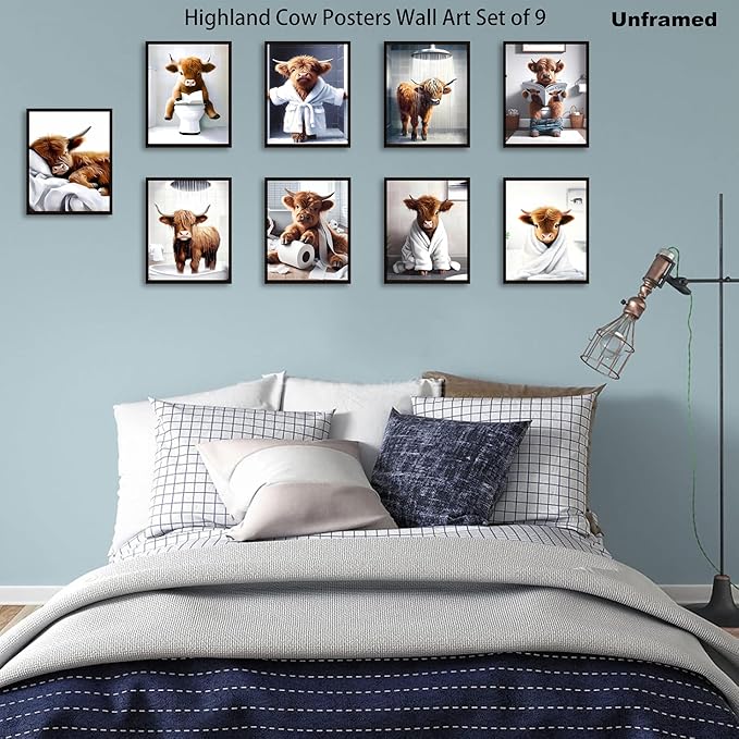 SEHSUVC Funny Bathroom Cow Posters Wall Art Set of 9, Vintage Brown Highland Cow Canvas Prints Pictures, Art Animal Restroom Wall Decor for Bathroom Bedroom Babyroom Decoration 8x10In Unframed