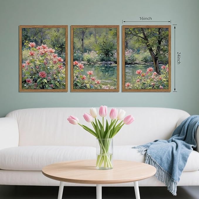 Framed Monet Wall Art Set of 3, Impressionist Botanical Floral Canvas Wall Decor, Vintage Cottagecore Artwork Paintings, Nature Landscape Flowers Prints Pictures for Living Room Bedroom 16x24 Inch