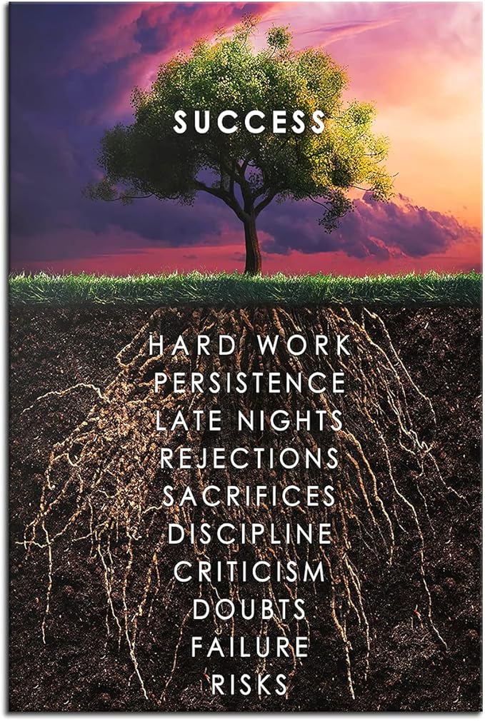 Success Tree Wall Art Inspirational Painting Canvas Inspiring Entrepreneur Quotes Picture Poster Printing Artwork Office Decoration Living Room Gym Decoration Frame Ready to Hang[24''W x 36''H]