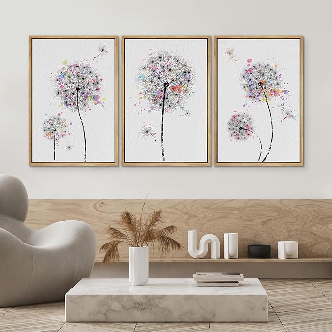 SIGNWIN Framed Canvas Print Wall Art Dandelions & Watercolor Dots Floral Wilderness Drawings Modern Art Rustic Closeup Multicolor Ultra for Living Room, Bedroom, Office - 16"x24"x3 Natural
