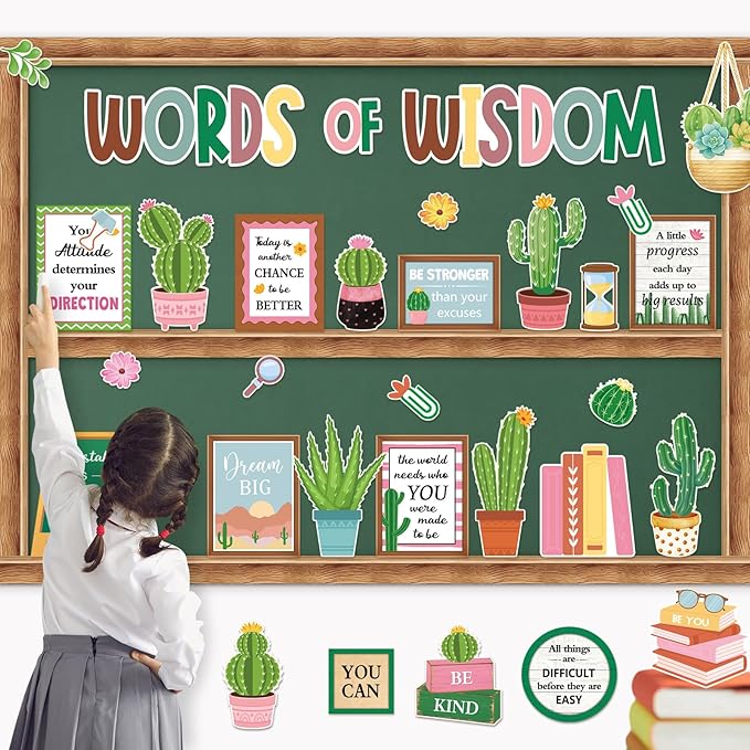 57 Pcs Cactus Bulletin Board Set Inspirational Summer Bulletin Board Decoration Positive Cutout Classroom Decoration for School Office Home Teacher Classroom Wall Supplies