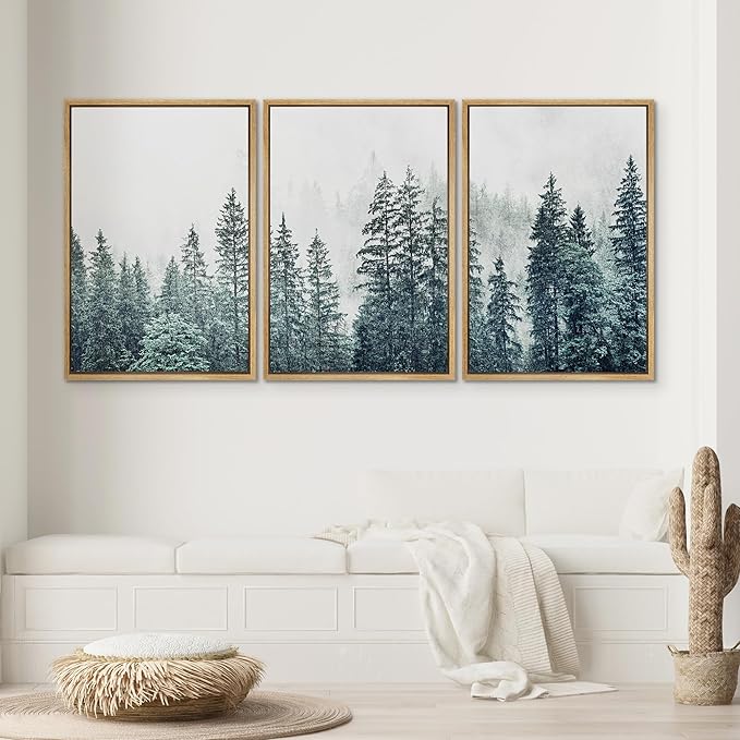 SIGNWIN Framed Canvas Print Wall Art Woodland Nursery Decor Set Film Grain Misty Mountain Pine Trees Nature Wilderness Modern Art Chic Landscape for Living Room, Bedroom, Office - 24"x36"x3 Natural