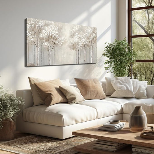 ANCXWOTER Large Forest Wall Art for Living Room White Misty Birch Tree Picture for Bedroom Office Modern Landscapes Canvas Prints Ready to Hang 24x48 Inch