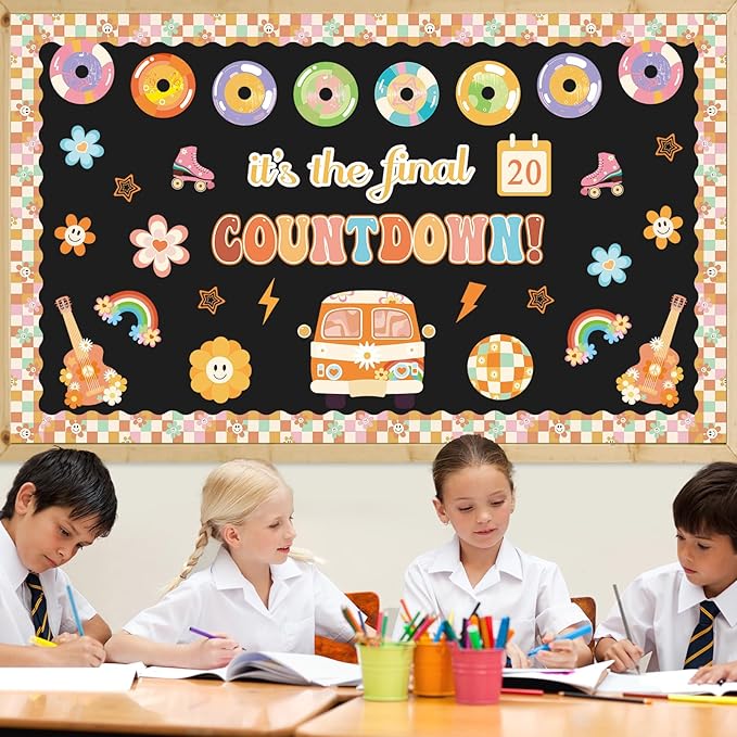 gisgfim Countdown to Summer Classroom Bulletin Board Decorations Set Spring Hippie End of The Year Cutouts May Groovy It's The Final Retro Bulletin Board for Classroom Home Wall Decor Supplies