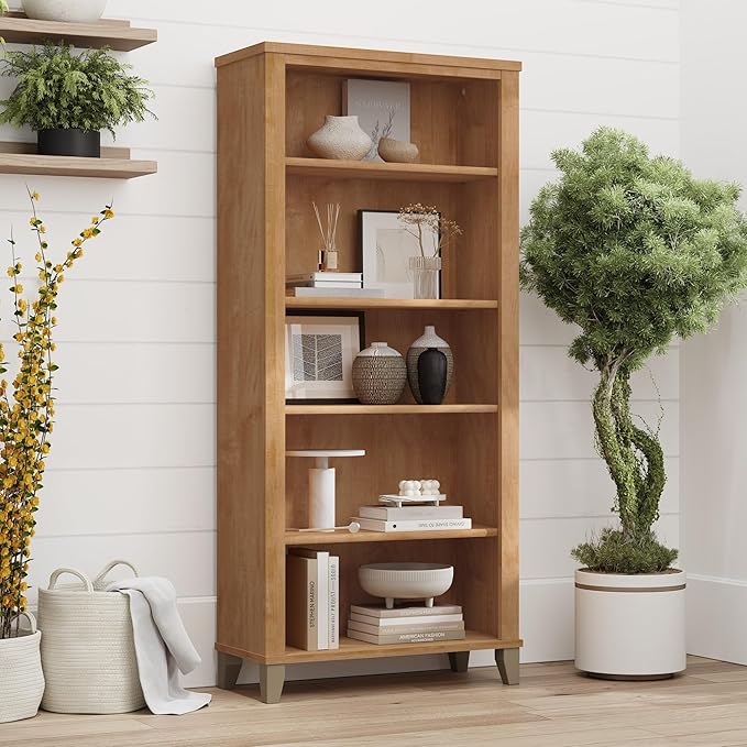 Bush Home Somerset 5 Shelf Bookcase in Maple Cross, Tall Bookshelf, Large Book Shelf for Living Room, Home Office, or Entryway