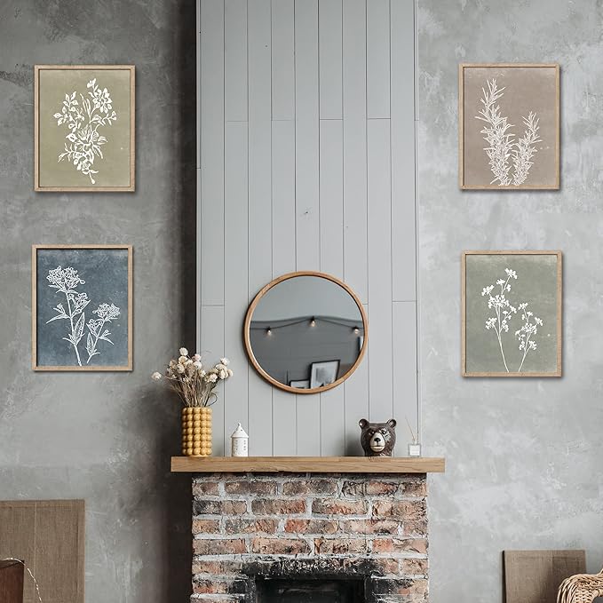 Liswit Framed Boho Wall Art Set of 4 for Wooded Minimalist Botanical Print Wall Art for Rustic Vintage Farmhouse Home Kitchen Wall Decor (Brown, 8"x10")