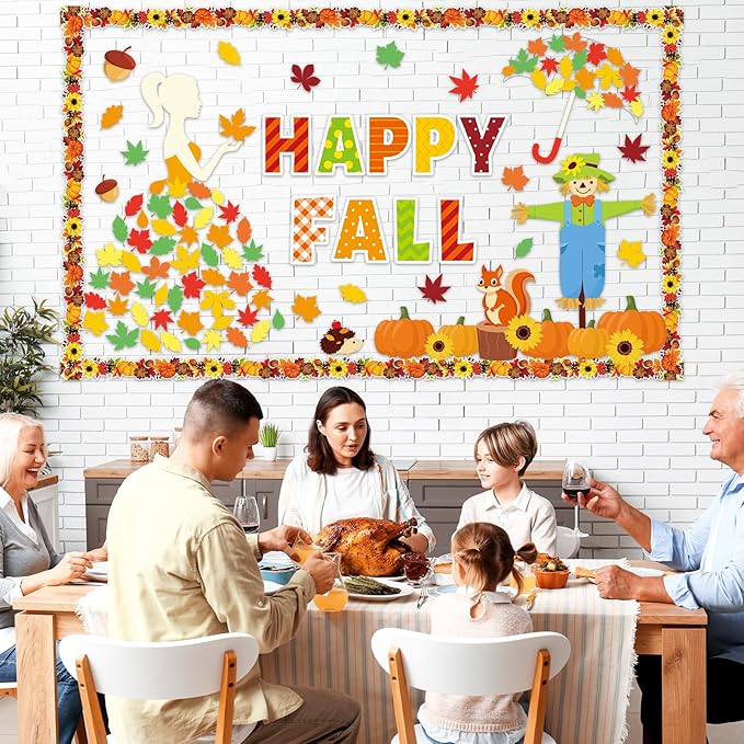 gisgfim Thanksgiving Fall Bulletin Board Decorations Happy Autumn Themed Party Paper Cutouts Maple Leaf Pumpkin Squirrel Bulletin Board Set for Home School Classroom Wall Decoration Decor Supplies