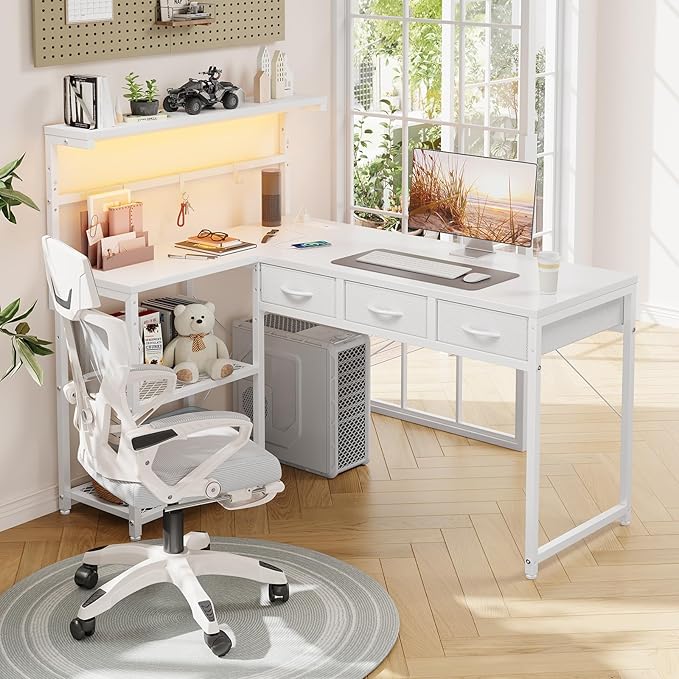 Grandder 50 Inch L Shaped Gaming Desk with 3 Drawers & Storage Shelves & Hutch, Computer Desk with USB Ports, Study Writing Table for Bedroom, Simple Modern Laptop Desk for Home Office, White