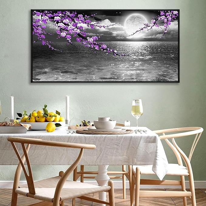 yiijeah Purple Wall Decor - Large Paintings for Living Room Plum Blossom Moon Ocean Canvas Picture Framed Artwork Black and White Seascape Wall Art Home Bedroom Decoration