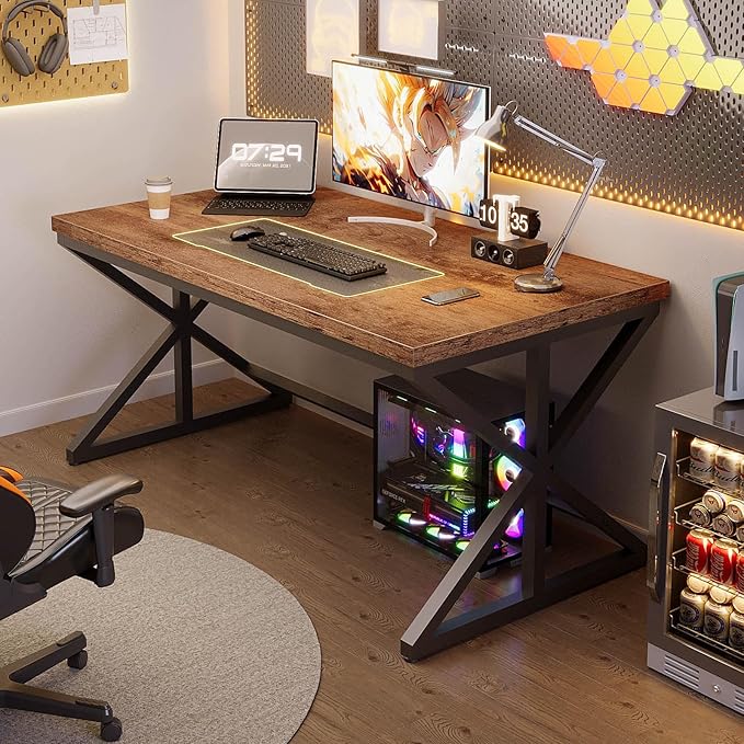 IBF 55” Rustic Computer Desk, Industrial Brown Home Office Desk, Wooden Metal Executive Pc Computer Desk Table, Wood Student Gaming Study Computer Table for Bedroom Living Room, Rustic Brown, 55 Inch