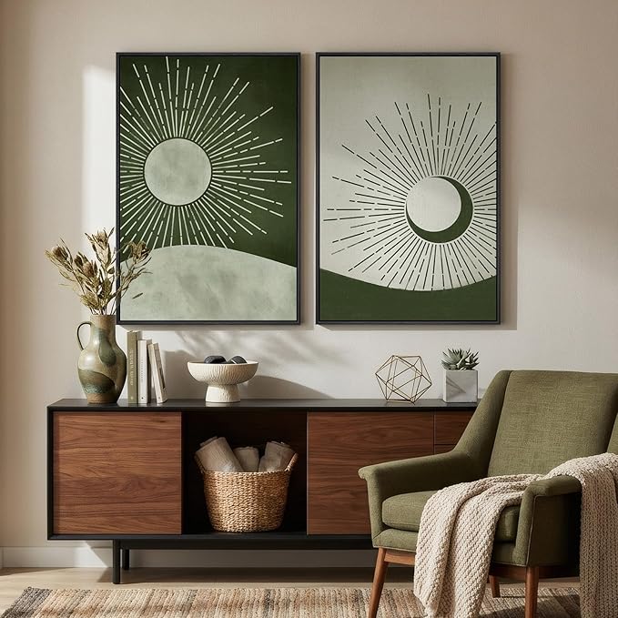 Framed Green Boho Abstract Wall Art Set of 2 for Living Room, Sun and Moon Mid Century Modern Canvas Artwork for Walls, Minimalist Sunburst Bohemian Print Wall Decor for Bedroom Home Office, 24x36 In