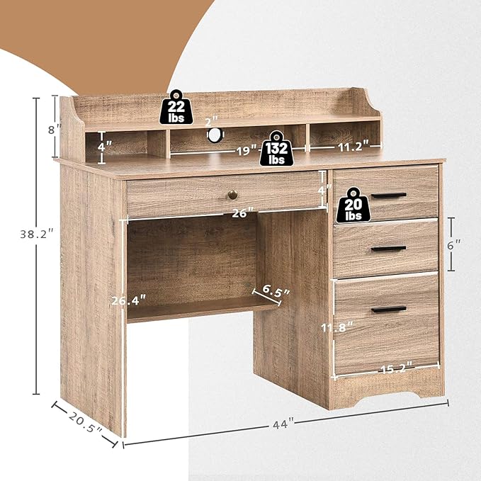 Catrimown Computer Desk with 4 Drawers and Hutch, Wood Executive Desks with File Drawer and Shelves, Small Desk Study Table for Bedroom, Student Teen Writing Laptop Table, Grey