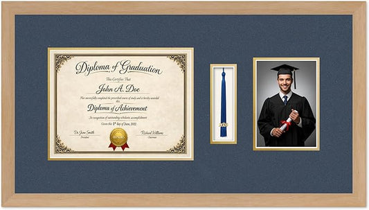 Diploma Tassel and Photo Frame Natural Wood Shadowbox Navy Blue Over Gold Mat - Fits 11 x 8.5 Degree Picture Made in the USA