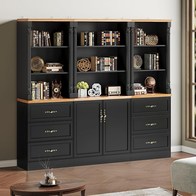 71'' Tall Bookshelf with 3 Drawers, Bookcase Storage Cabinets with 3-Tier Adjustable Shelves, Wooden Deep Book Shelf Kitchen Pantry for Living Room, Office, Bathroom, Black
