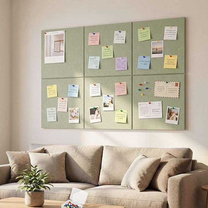 Large Cork Board 36" x 24", 6 Pack Felt Wall Tiles with Colored Pushpins, Bulletin Board with 40 Safe Removable Adhesive Tabs, Pin Board Cork Boards for Walls Home Office Decor - Sage