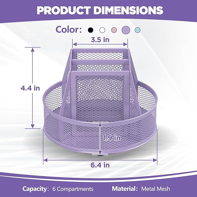 Docnest Mesh 360 Degree Rotating Pen Holder with 6 Compartment,Metal Pencil Cup Art Supply Storage Box Caddy,Teacher Stationery and Dorm Supplies Desk Organizer for Pencil,Sticky Note,Scissors-Purple