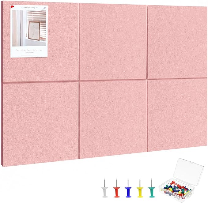 Large Cork Board 36" x 24", 6 Pack Felt Wall Tiles with Colored Pushpins, Bulletin Board with 40 Safe Removable Adhesive Tabs, Pin Board Cork Boards for Walls Home Office Decor - Pink