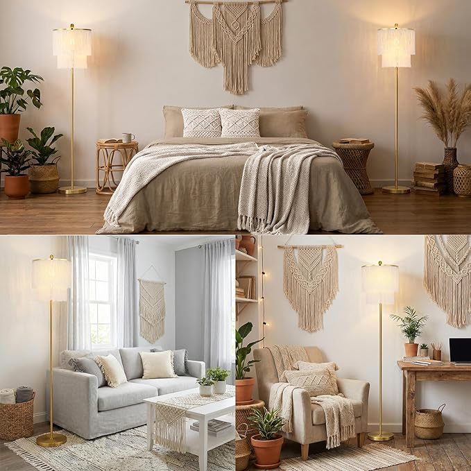 Dimmable Boho Tassel Floor Lamp with Remote Control for Living Room, 63" Tall Fringe Standing Bedroom Lamp with 3 Color Temperature Adjustment, Modern Stand Up Corner Lamp with Tassel Lampshade