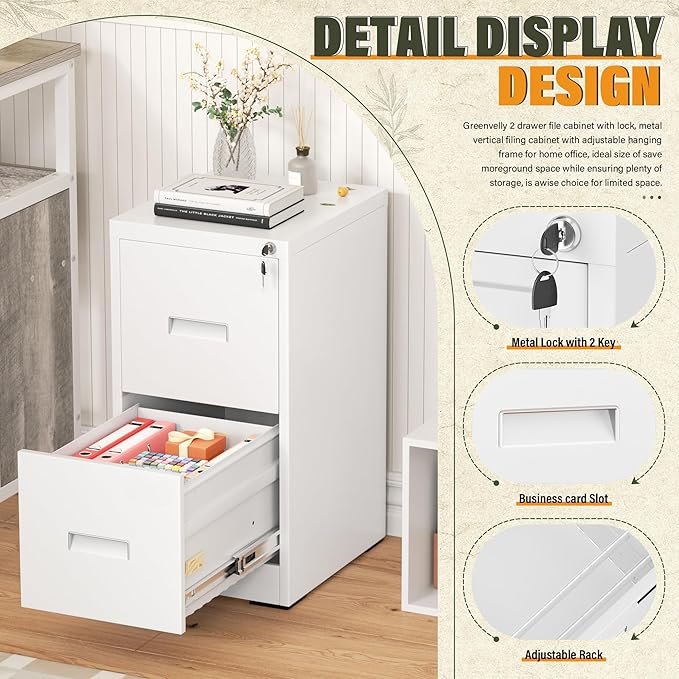 Greenvelly 2 Drawer File Cabinet with Lock, Metal Filing Cabinet for Home Office, Locking Vertical File Cabinet for Home Office, Easy Assemble (White)