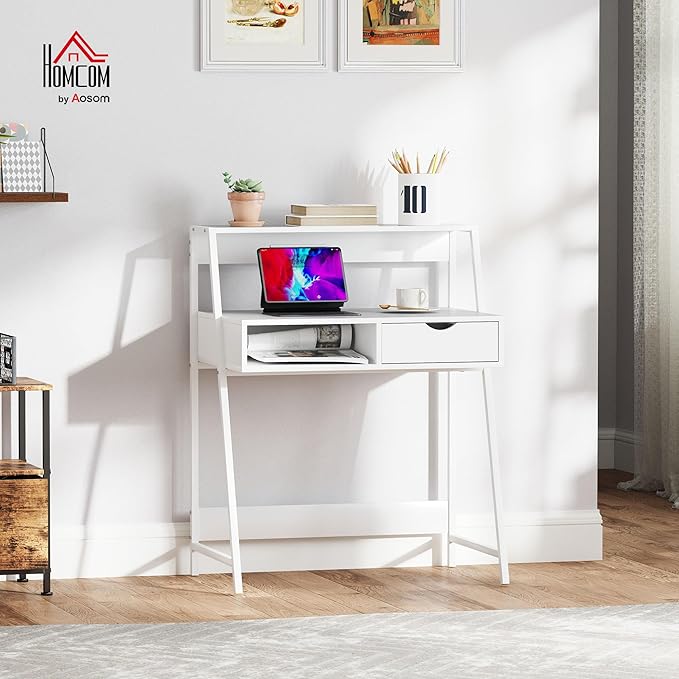 HOMCOM Home Office Desk, Computer Desk with A Frame for Small Spaces, Writing Table with Drawer and Storage Shelves, White