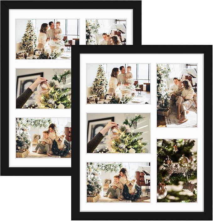 Golden State Art, 11x14 Black Wooden Frame with White Mat - Displays Five 4x6 Photos - Tempered Glass - Wall Mounting, Portrait, Set of 2