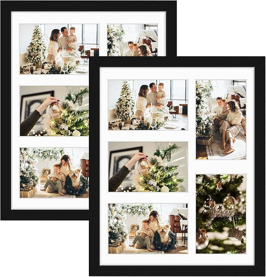 Golden State Art, 11x14 Black Wooden Frame with White Mat - Displays Five 4x6 Photos - Tempered Glass - Wall Mounting, Portrait, Set of 2