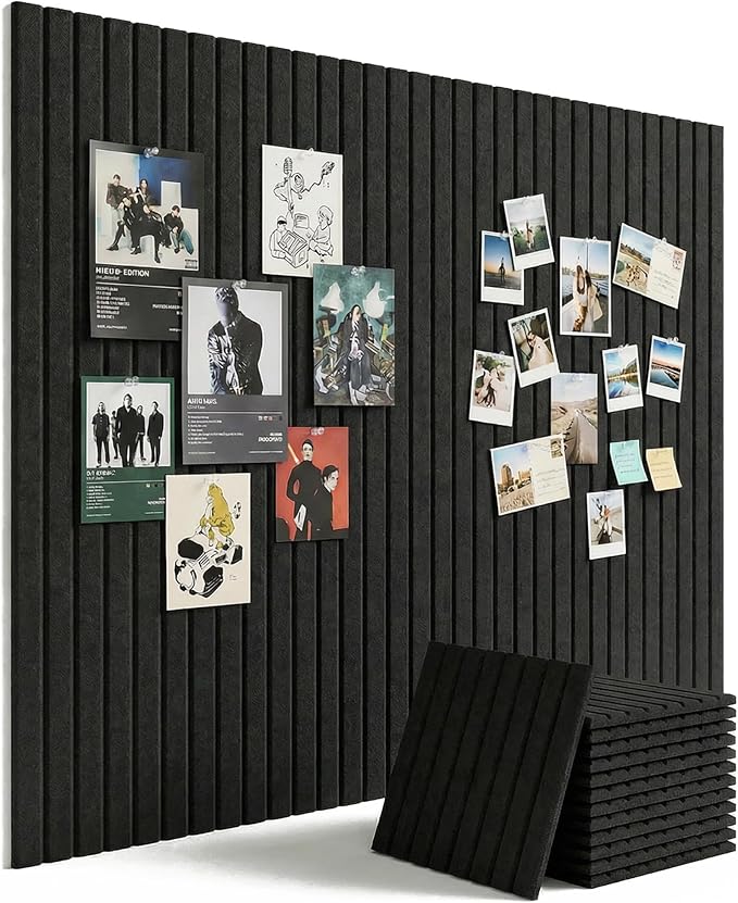 Aothia 12-Pack Large Felt Bulletin Board 48"x36", Modular Pin Board Tiles for Wall, Cork Board Alternative for Office & Classroom, Includes 70 Adhesive Tabs & 40 Pushpins, Black