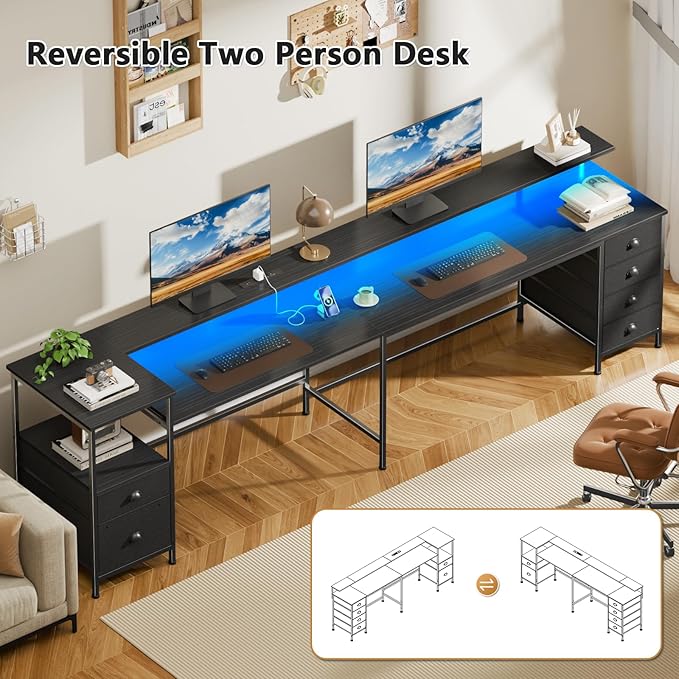 Furologee 95" Two Person Computer Gaming Desk, Long 2 Person Home Office Desk with 6 Drawers & Storage Shelves, Double Table with Power Outlets, LED Lights and Full Monitor Shelf, Black