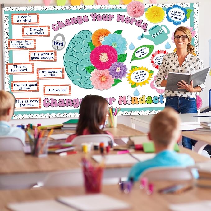 Growth Mindset Bulletin Board Decoration Flower Change Your Words Spring Brain Bulletin Board Set Cutouts with 3D Tissue Paper Pompoms Positive Sayings Posters Decor for Back to School Supplies