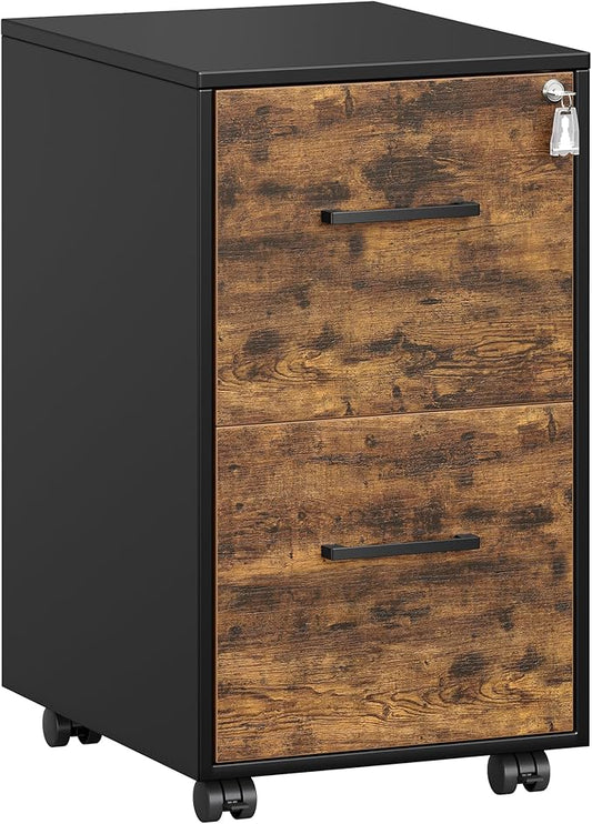 SONGMICS File Cabinet, Pre-Assembled Except Wheels and Handles, Office Filing Cabinet with Lock, for A4, Legal, Letter Sized Documents, 17.7 x 14.4 x 25.4 Inches, Rustic Brown and Black UOFC112B02