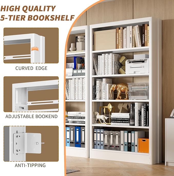 Metal White Bookshelf, 71"H Tall Bookcase with Adjustable Storage Shelves, 5-Tier Heavy Duty Book Shelf, Modern Open Large Book Case for Library, Living Room, Office, including Book Stopper (White)