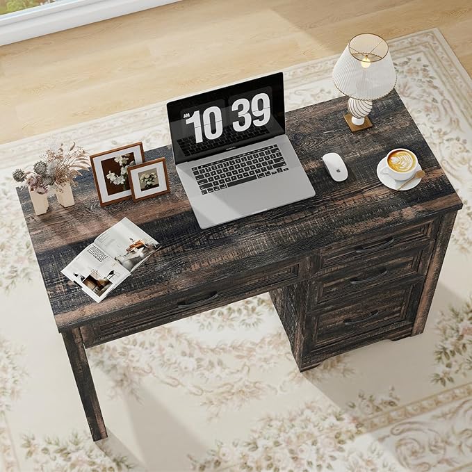 Farmhouse Executive Desk with Drawers, Wood Computer Desk with Ample File Drawer, Rustic Home Office Desk with Storage for Bedroom, Living Room, Dark Oak