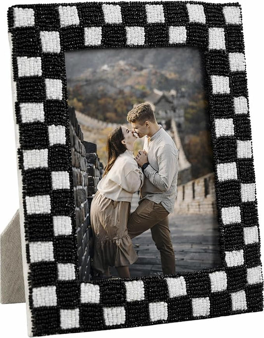 Folkulture Beaded Picture Frame for Wall or Tabletop | 5x7 B&W Checkered Modern Black & White Photo Frame with Plexiglass | Vertical & Horizontal Display | Handmade Home Décor, Housewarming