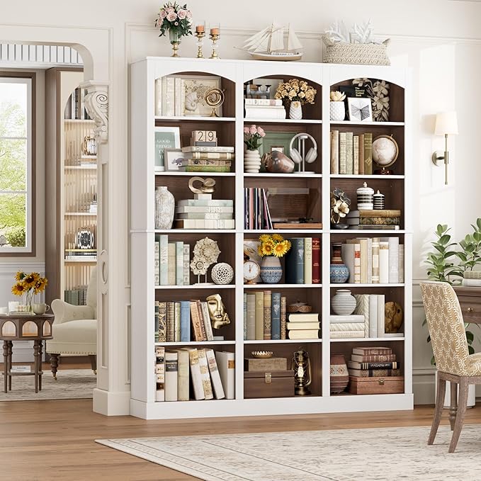 FACBOTALL 71" Triple Wide Bookshelf, 6 Tier Tall Bookshelf, Large Bookcase with Curved Baffle, 63.4" Wide Book Shelf with 18 Open Display Shelves for Living Room, Study, Walnut and White