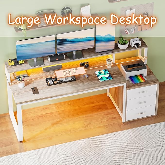 HOMBCK 67" Computer Desk with 3 Drawers, Home Office Desk with Long Monitor Stand and Printer Space, Office Desk with Storage & LED Lights, Writing Desk with Drawers, Walnut and White
