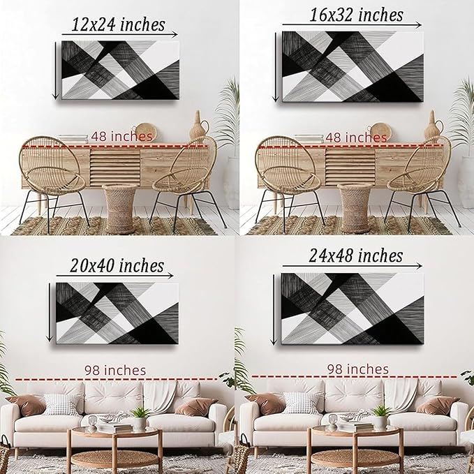 Geometric Abstract Framed Canvas Wall Art for Office, Black White Modern Wall Decor 32"L x 16"W