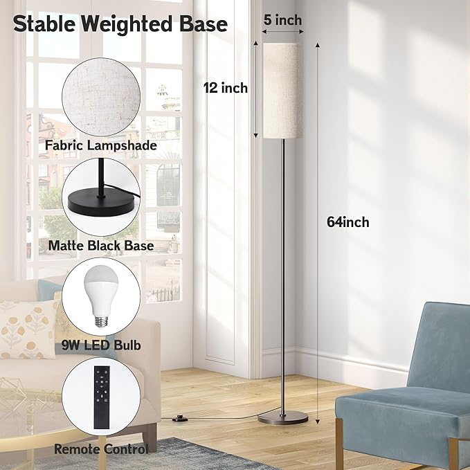 68" Modern Floor Lamp with 3 Color Temperatures, Foot Switch, Linen Shade & Black Metal Pole – Tall Standing Lamp for Living Room, Bedroom, or Office – LED Bulb Included, Easy Assembly (Beige)