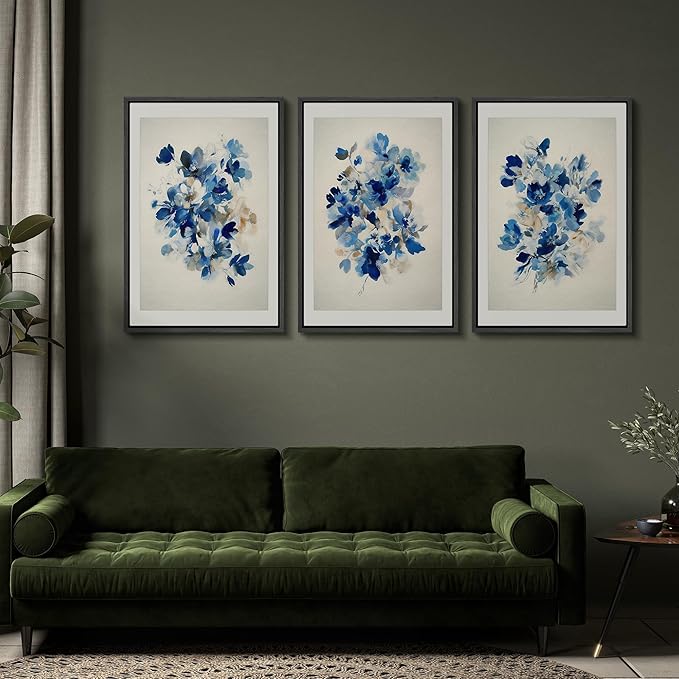 SIGNFORD Framed Wall Art Print Set Blue Blossom Watercolor Floral Botanical Digital Art Modern Art Contemporary for Living Room, Bedroom, Office - 24"x36"x3 BLACK