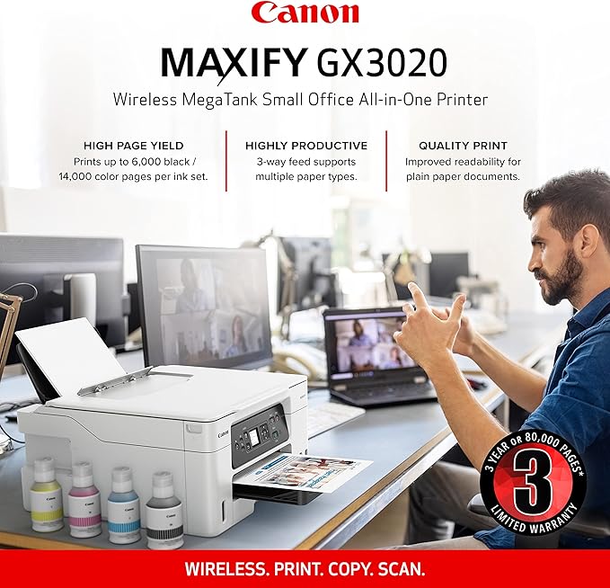 Canon Megatank GX3020 All-in-One Wireless Supertank Printer with Print, Copy, and Scan | Easy Setup, Mobile Printing and 1.35" Monochrome LCD Screen