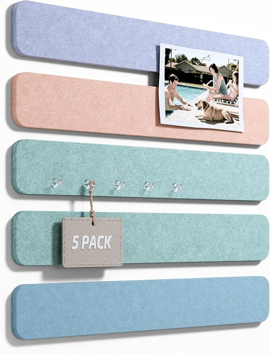 Fluxynara Cork Board Alternative Felt Strip Board 5-Pack 13"x2", Office Pin Board with 35 Push Pins, Adhesive Install for Bedroom Door & Home Office(Coastal Haze)