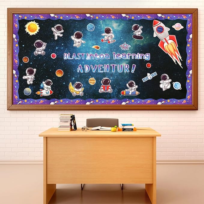 Pajean Space Bulletin Board Outer Space Classroom Decorations Blast into a Learning Adventure Cutouts for Back to School First Day Window Door Wall Elementary Preschool Teacher Supplies