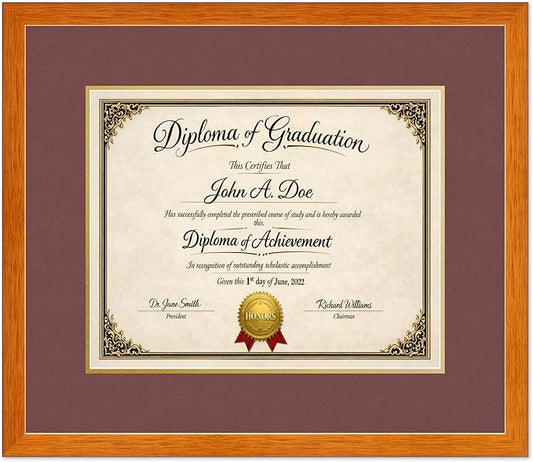 Diploma Frame Honey Oak with Dark Red Over Gold Double Mat - Fits 15 x 12 Military/Government Wall Display Made in the USA