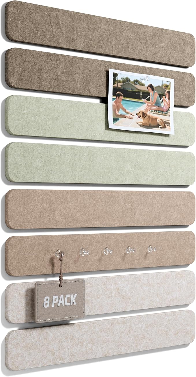 Fluxynara Cork Board Alternative Felt Strip Board 8-Pack 13"x2", Office Pin Board with 50 Push Pins, Adhesive Install for Bedroom Door & Home Office(Linen Dusk)