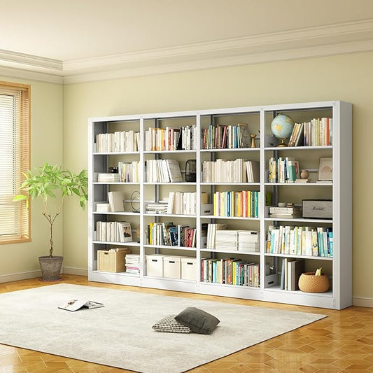 5-Tier Industrial Bookshelf, White Bookcases and Bookshelves,Tall Metal Book Shelf Storage Organizer,Freestanding Bookshelf for Living Room,Home Office(White, Shelf-4)