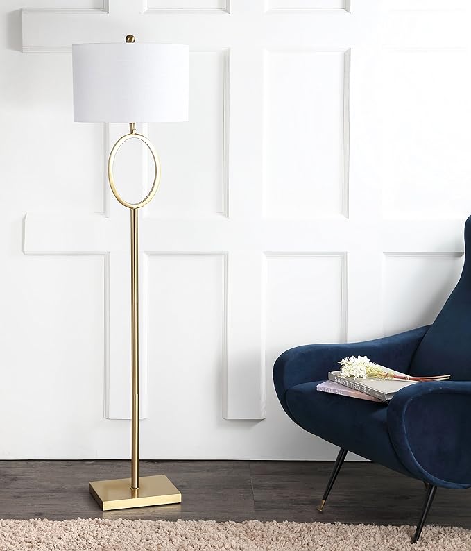 JONATHAN Y 61" Brass Gold Metal LED Floor Lamp for Living Room Modern Hoop Design Standing Lamp, White Linen Drum Shade, Bedroom Home Office, LED Bulb Included JYL1089A