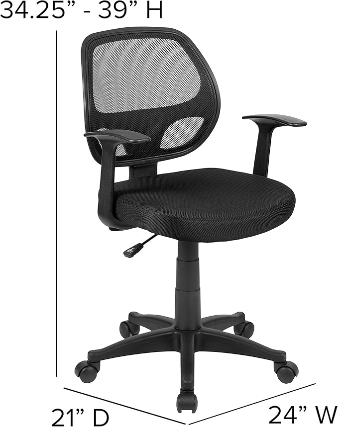 Flash Furniture Mallard Mid-Back Swivel Mesh Office Chair with Padded Seat and T-Arms, Height-Adjustable Ergonomic Padded Office Desk Chair, Black