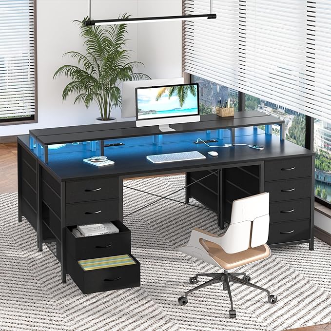 60 Inch Computer Desk with 8 Drawers, Gaming Desk with LED Lights & Power Outlets, Home Office Desk with Monitor Stand, Black
