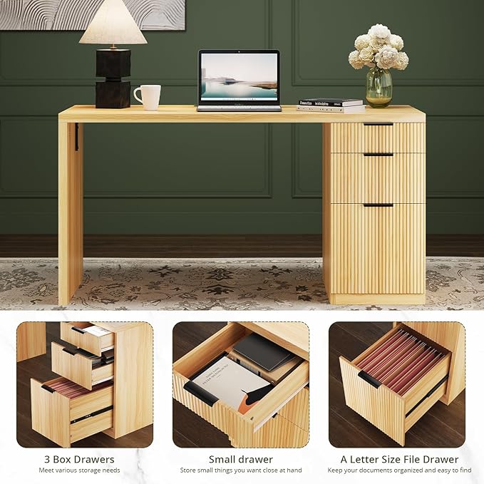 FURSUN 58" Home Office Desk with Power Outlet & File Cabinet, Modern Fluted Executive Desk with 3 Storage Drawers, Large Computer Workstation for Study & Bedroom, Oak